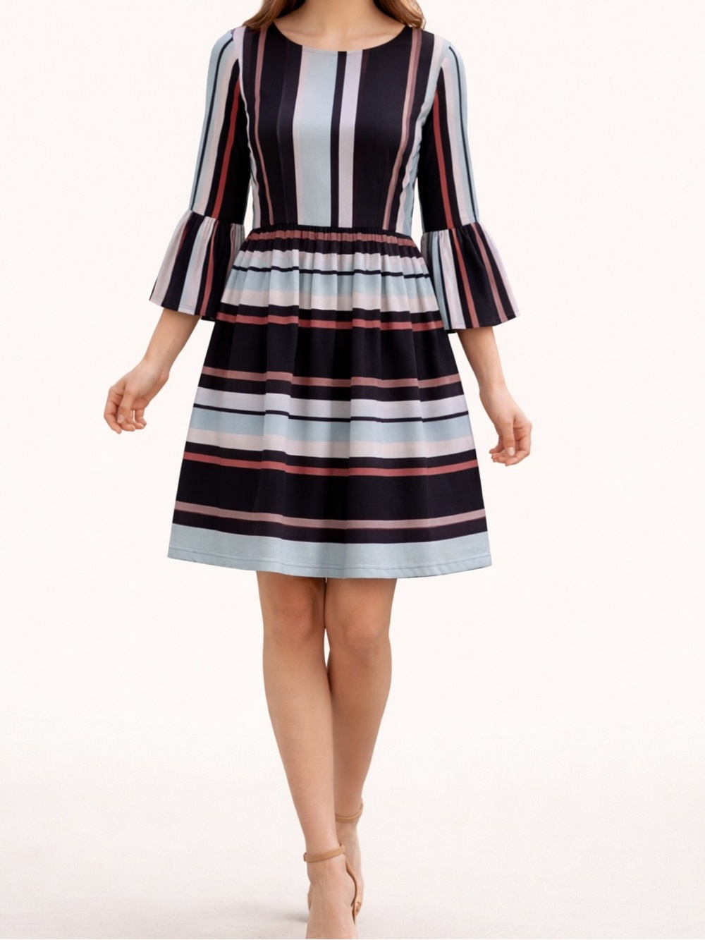 NWT ESLEY Striped Drop Waist Bell Sleeve Fit and Flare Dress Large